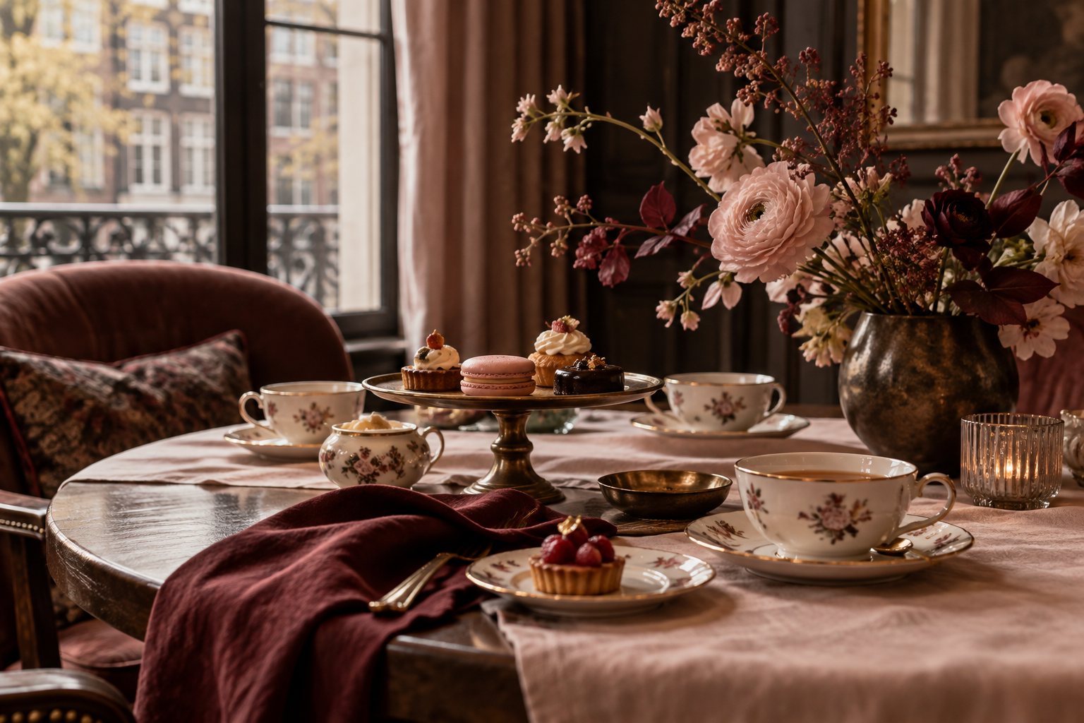 A softly lit afternoon tea table with blush linen, burgundy details, porcelain cups and flowers.